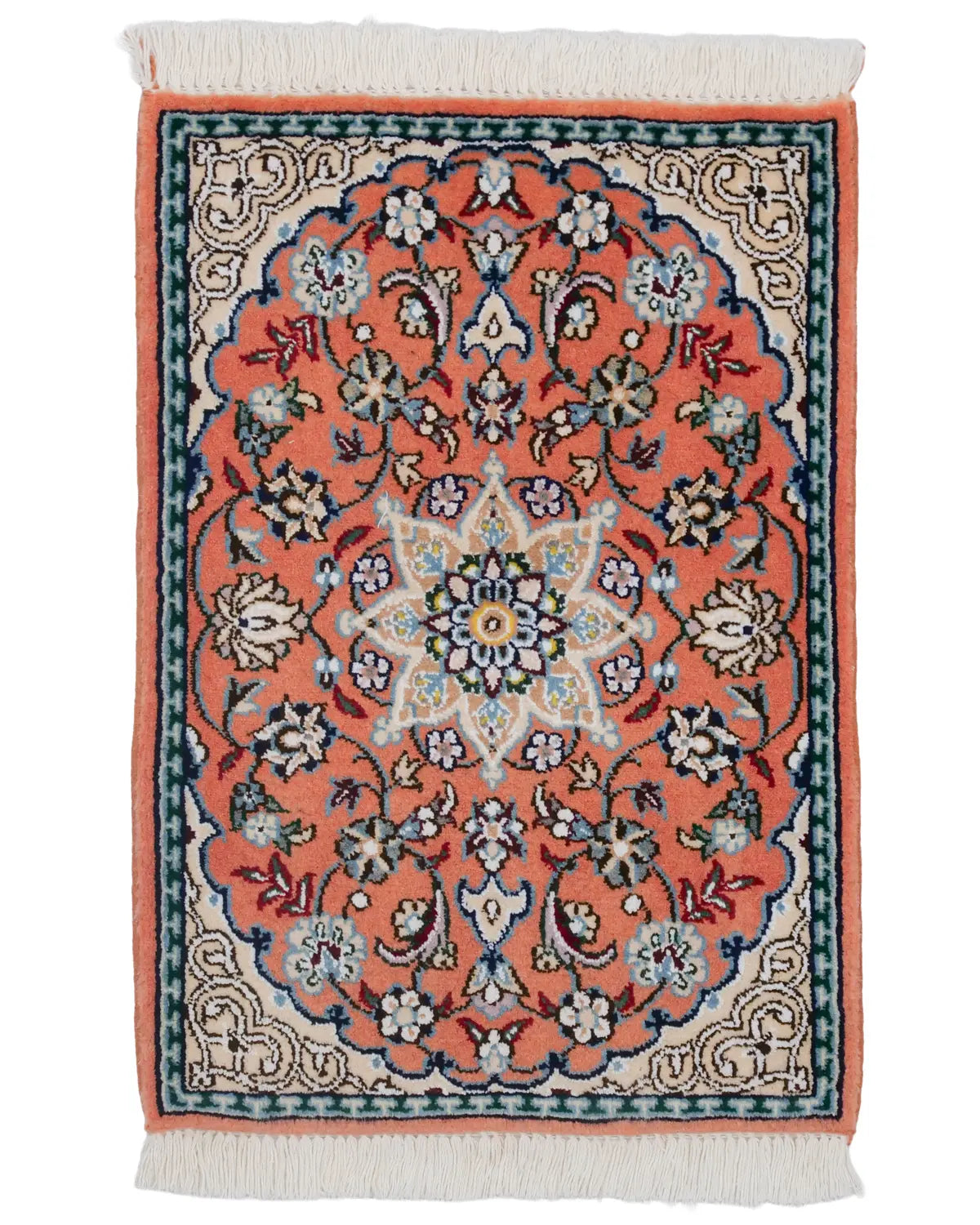 ペルシャ絨毯 ナイン産 40x 60cm ウール テラコッタ ピンク 玄関マット 手織り