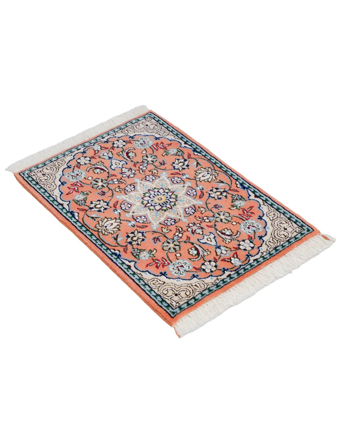 ペルシャ絨毯 ナイン産 40x 60cm ウール テラコッタ ピンク 玄関マット 手織り