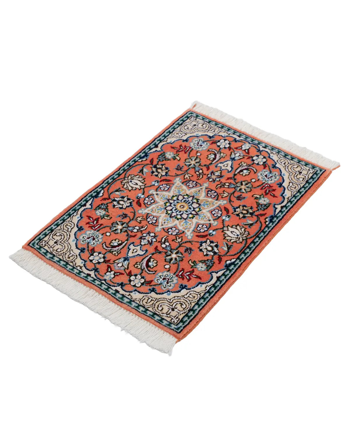 ペルシャ絨毯 ナイン産 40x 60cm ウール テラコッタ ピンク 玄関マット 手織り