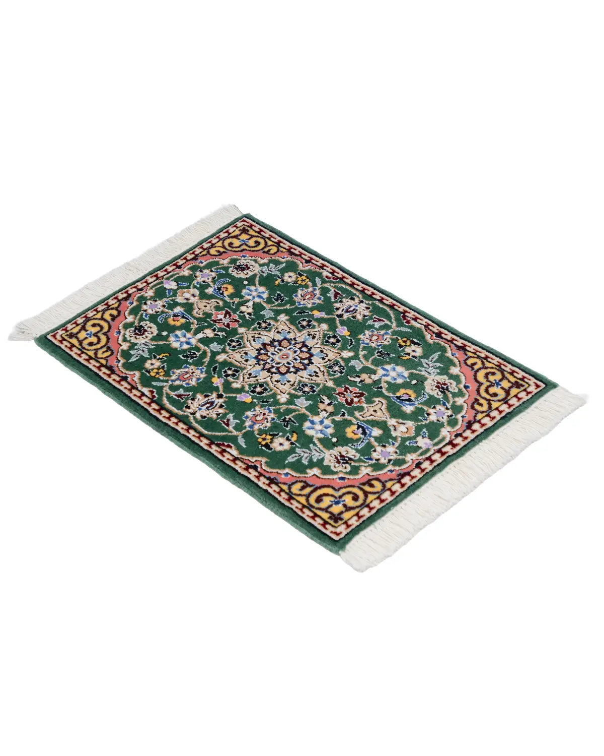 ペルシャ絨毯 ナイン産 40x60cm ウール 緑 玄関マット 手織り