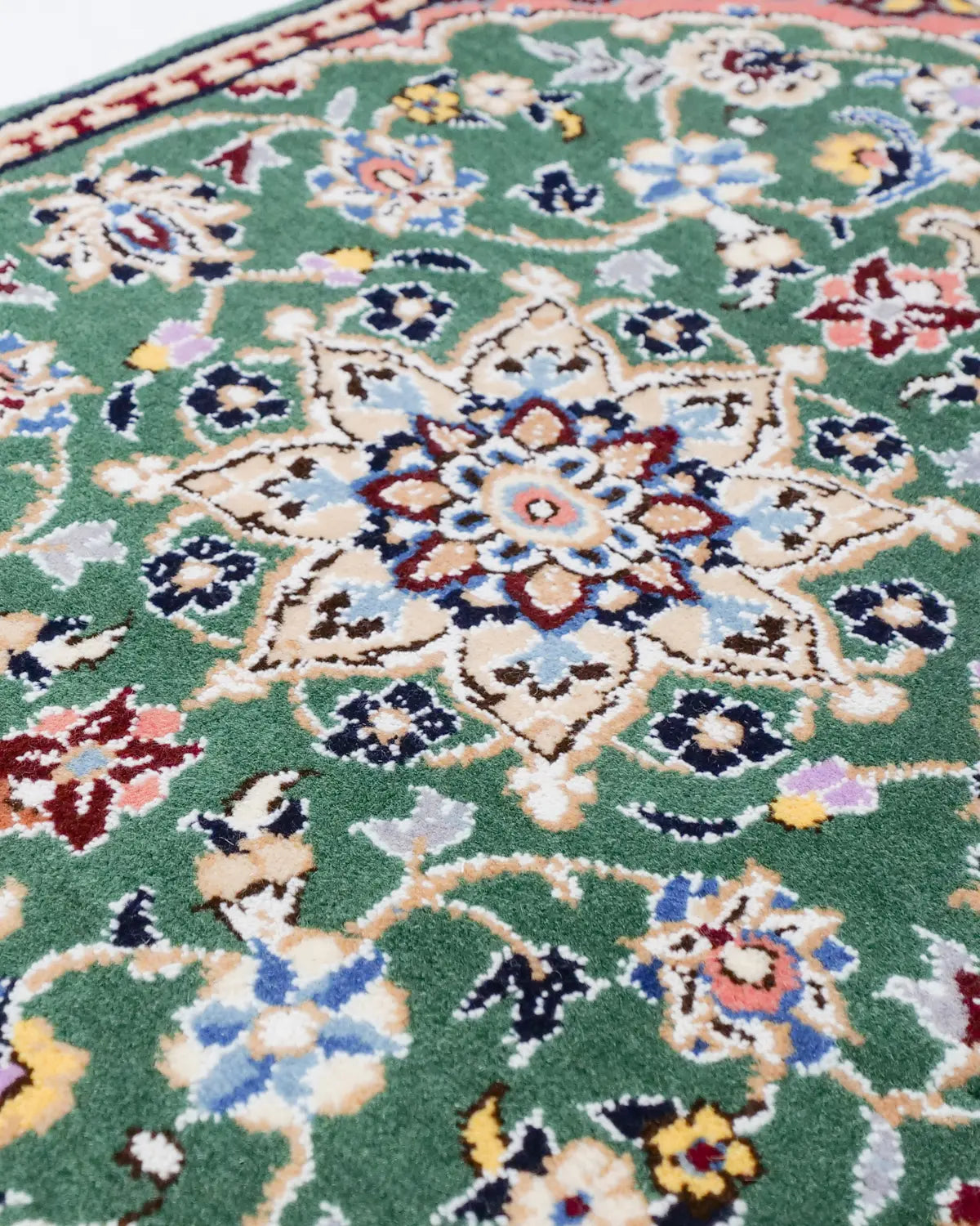 ペルシャ絨毯 ナイン産 40x60cm ウール 緑 玄関マット 手織り