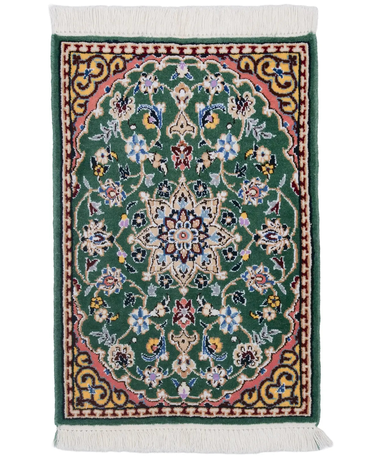 ペルシャ絨毯 ナイン産 40x60cm ウール 緑 玄関マット 手織り