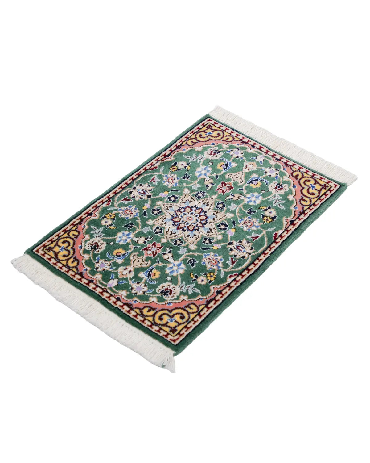 ペルシャ絨毯 ナイン産 40x60cm ウール 緑 玄関マット 手織り