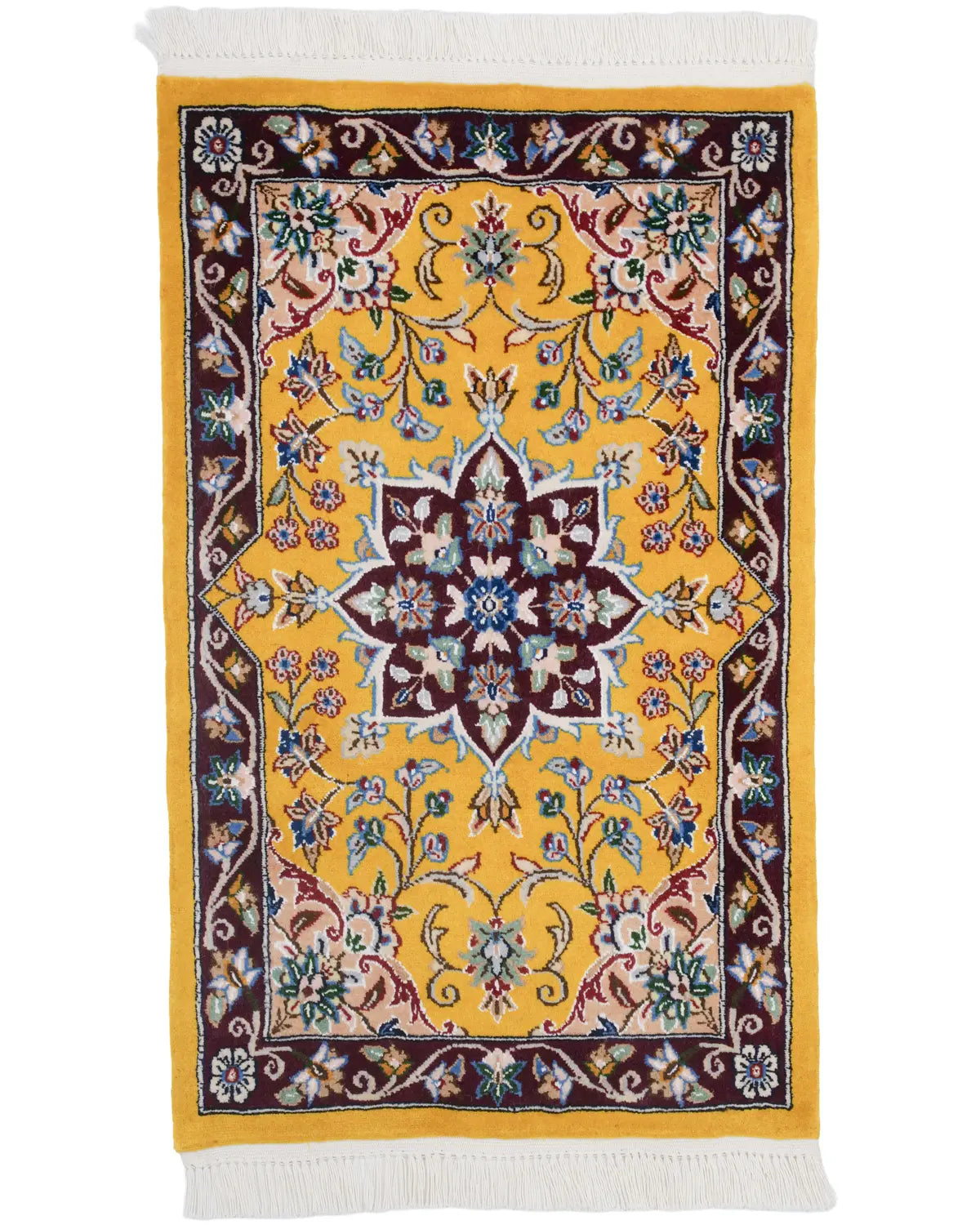 ペルシャ絨毯 ナイン 50x80cm ウール 山吹色 黄色 玄関マット 手織り