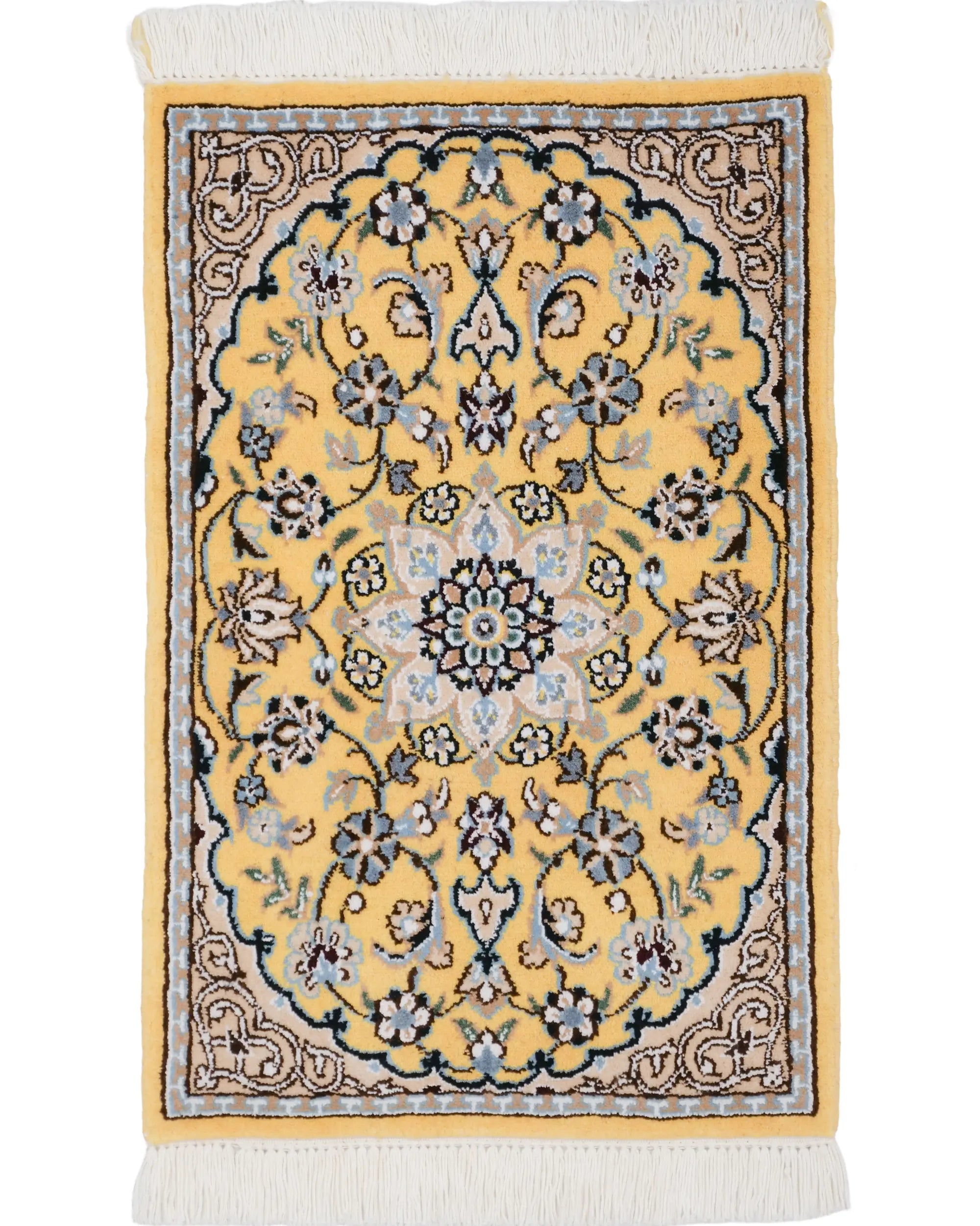 ペルシャ絨毯 ナイン産 40x60cm 玄関マット ミニ 黄色 イエロー 手織り ラグ
