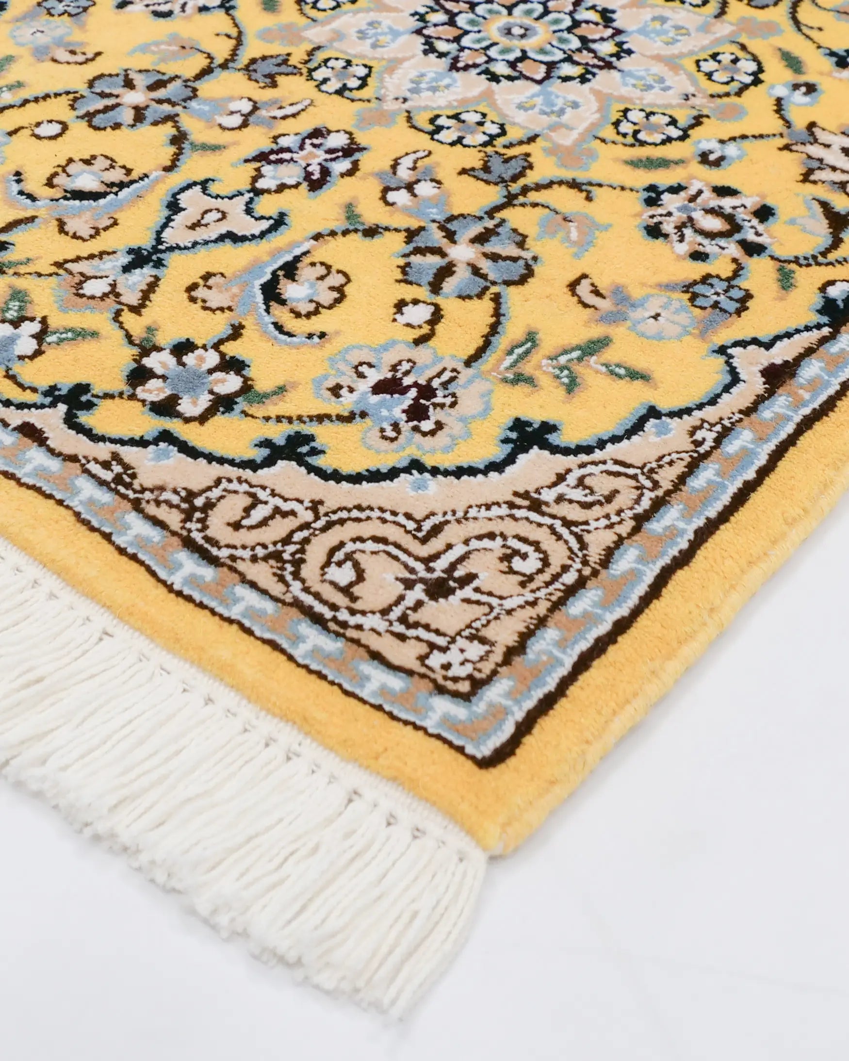 ペルシャ絨毯 ナイン産 40x60cm 玄関マット ミニ 黄色 イエロー 手織り ラグ