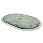 ペルシャ絨毯 クム産 シラジ工房 シルク手織りラグ（楕円形 80×119cm）ブルー×グリーン 花瓶と花模様入り 玄関マットにも最適