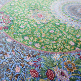 ペルシャ絨毯 クム産 シラジ工房 シルク手織りラグ（楕円形 80×119cm）ブルー×グリーン 花瓶と花模様入り 玄関マットにも最適