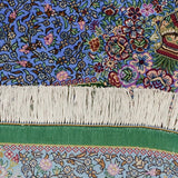 ペルシャ絨毯 クム産 シラジ工房 シルク手織りラグ（楕円形 80×119cm）ブルー×グリーン 花瓶と花模様入り 玄関マットにも最適