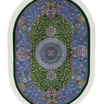ペルシャ絨毯 クム産 シラジ工房 シルク手織りラグ（楕円形 80×119cm）ブルー×グリーン 花瓶と花模様入り 玄関マットにも最適