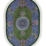 ペルシャ絨毯 クム産 シラジ工房 シルク手織りラグ（楕円形 80×119cm）ブルー×グリーン 花瓶と花模様入り 玄関マットにも最適