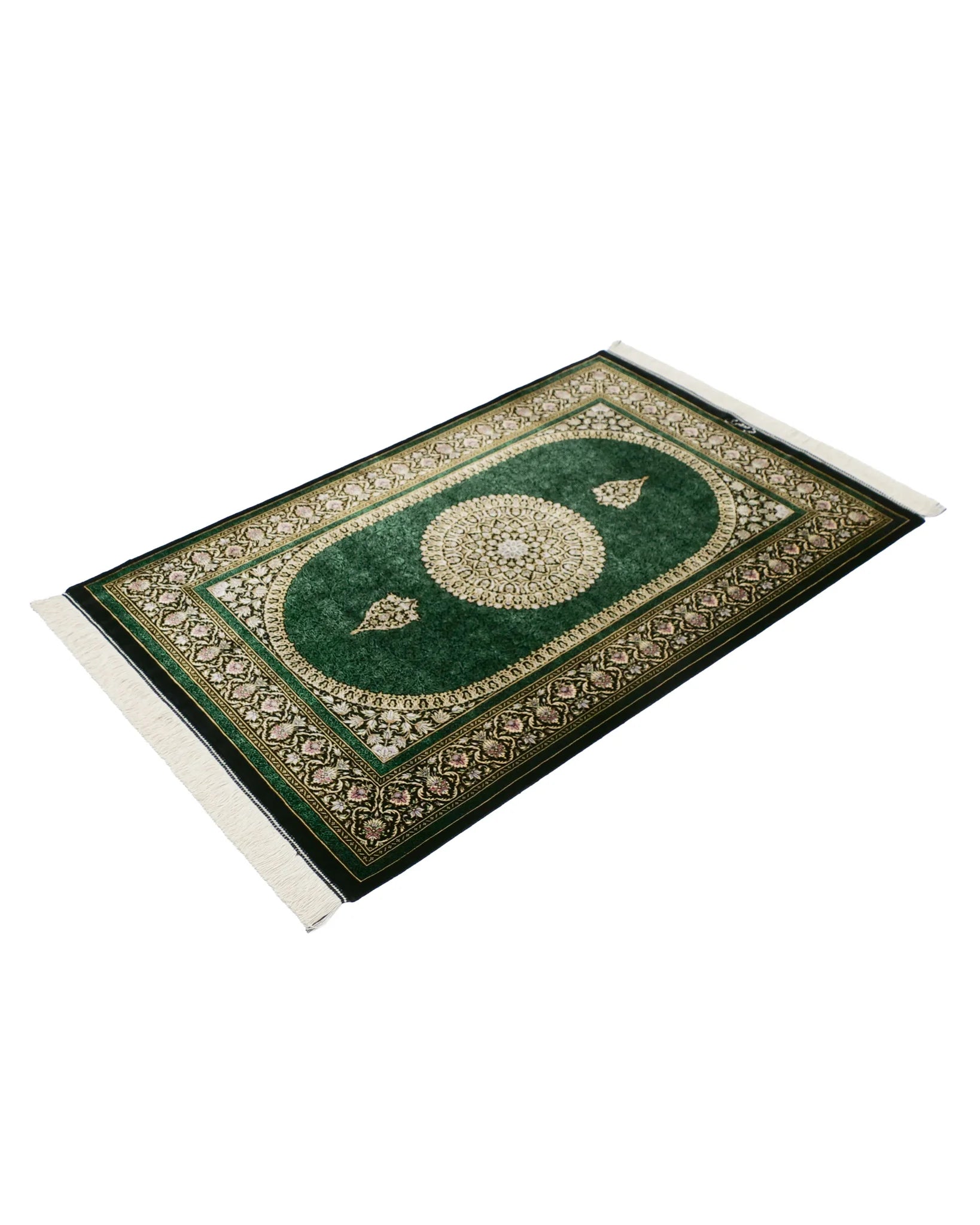 ペルシャ絨毯 マスミ工房 クム産 シルク 80x122cm 緑 グリーン 玄関マット 手織り ラグ
