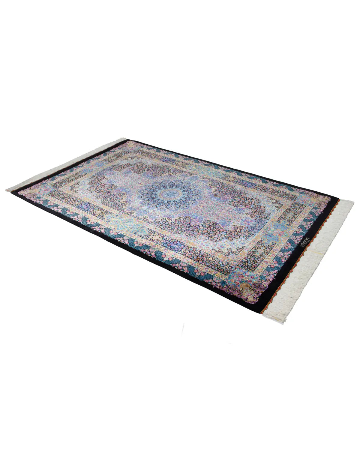 ペルシャ絨毯 クム産 バザルガン工房 シルク 130×204cm 青 リビング