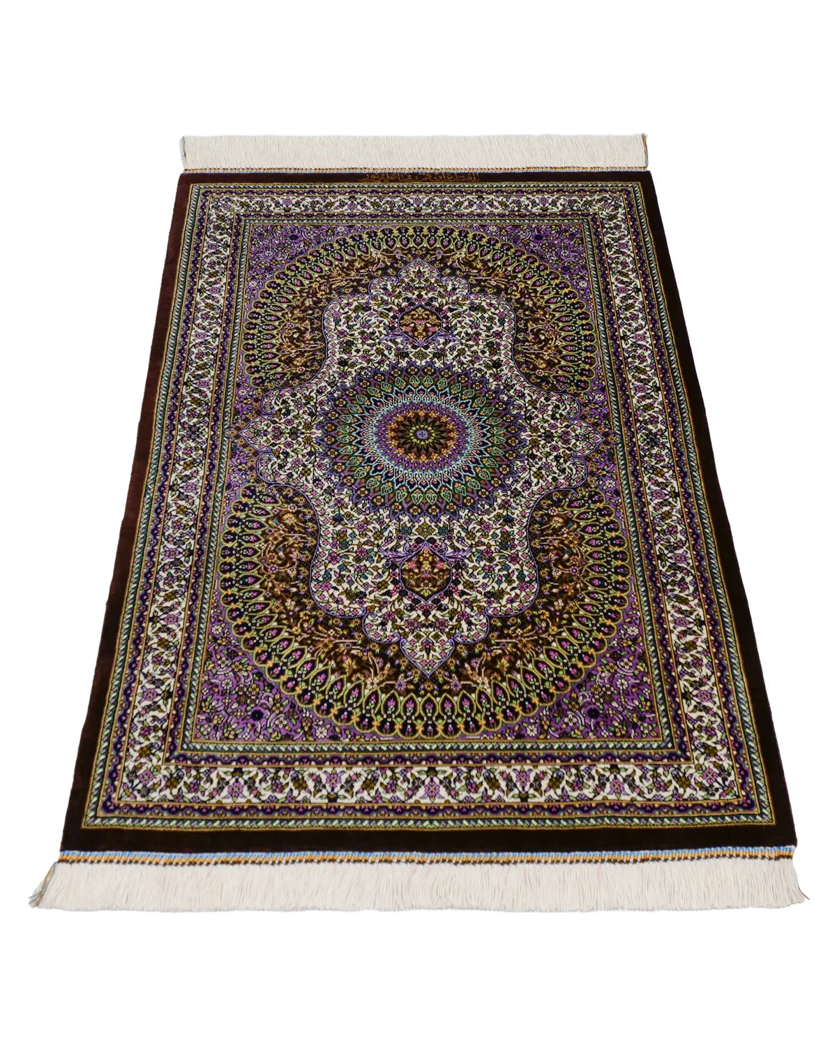 クム産高級シルク絨毯 約60×90cm アリプール工房作 唐草と小花の細密柄