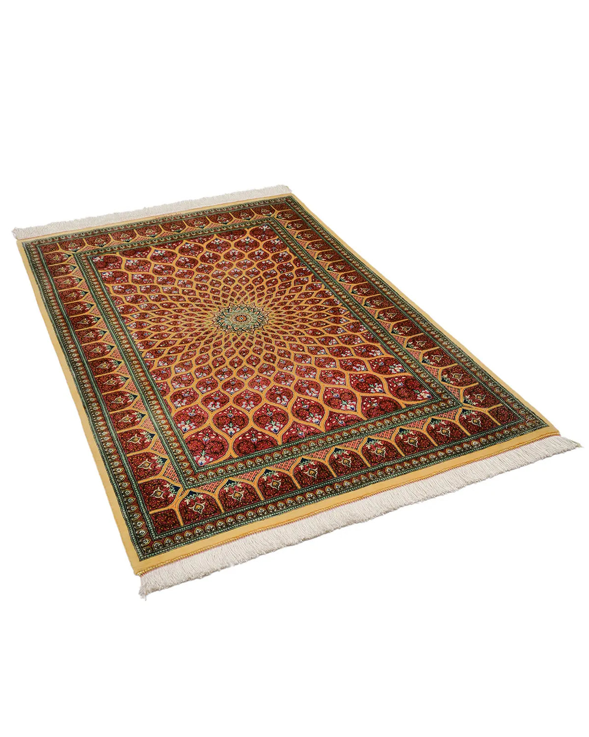 ペルシャ絨毯 クム産 ムサビ工房 シルク 98×148cm オレンジ リビング