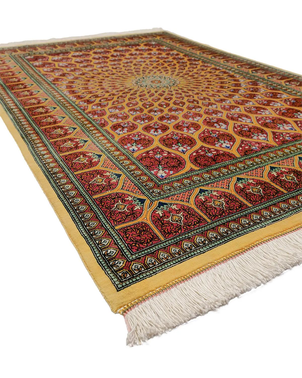 ペルシャ絨毯 クム産 ムサビ工房 シルク 98×148cm オレンジ リビング