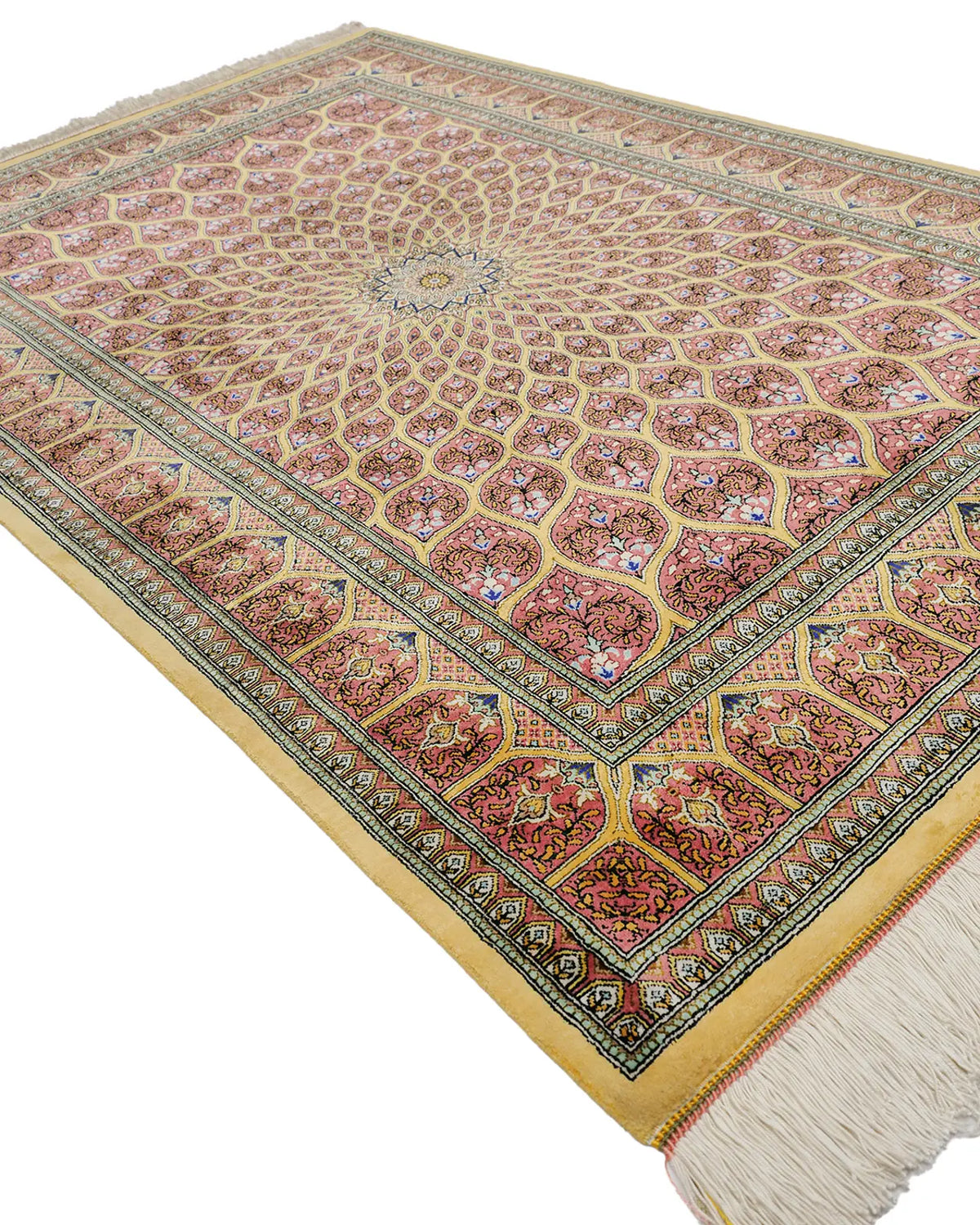 ペルシャ絨毯 クム産 ムサビ工房 シルク 98×148cm オレンジ リビング