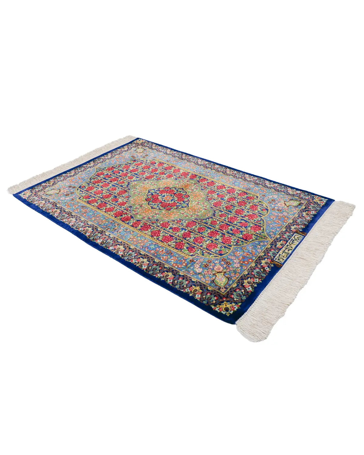 クム産シルク絨毯 花文様 四隅に花瓶 小型ラグ