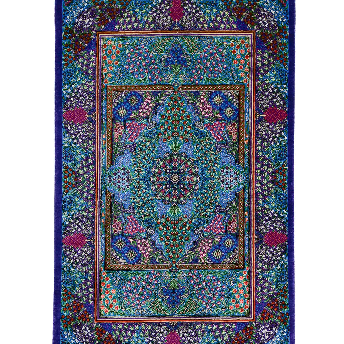 クム産シルク手織りペルシャ絨毯 エザティ工房 紫の花文様 約58×90cm