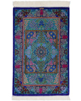 クム産シルク手織りペルシャ絨毯 エザティ工房 紫の花文様 約58×90cm
