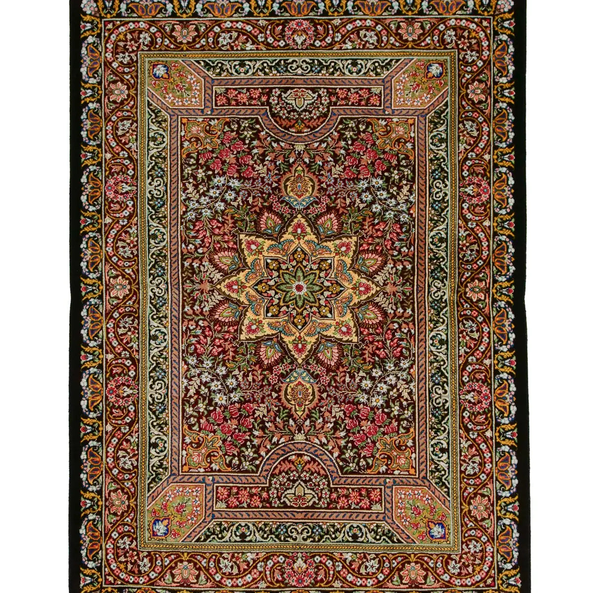 クム産シルク手織りペルシャ絨毯 ネマティ工房 星形メダリオン 小型ラグ