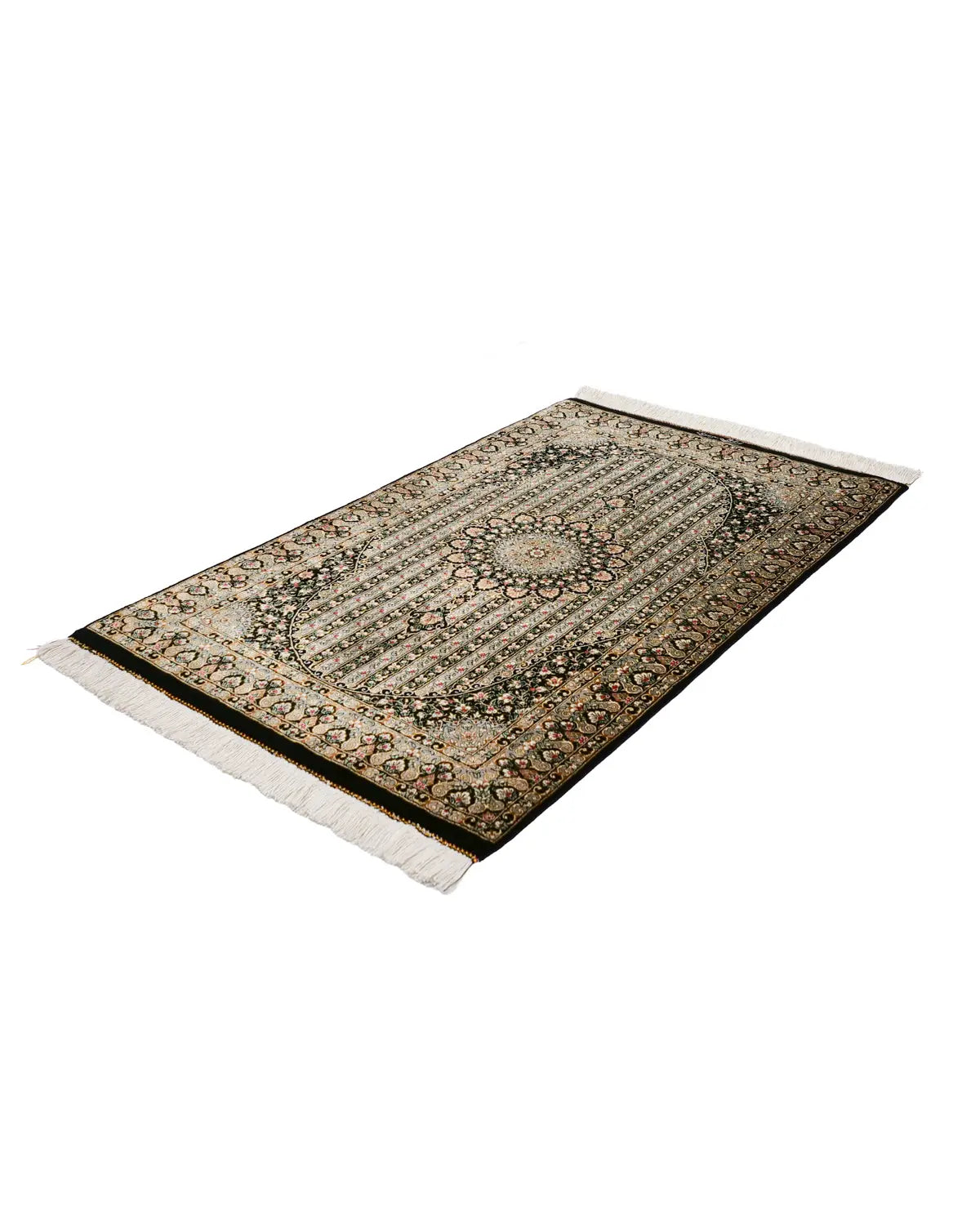 ペルシャ絨毯 ムサヴィ工房 クム産 シルク 黒地 メダリオン文様