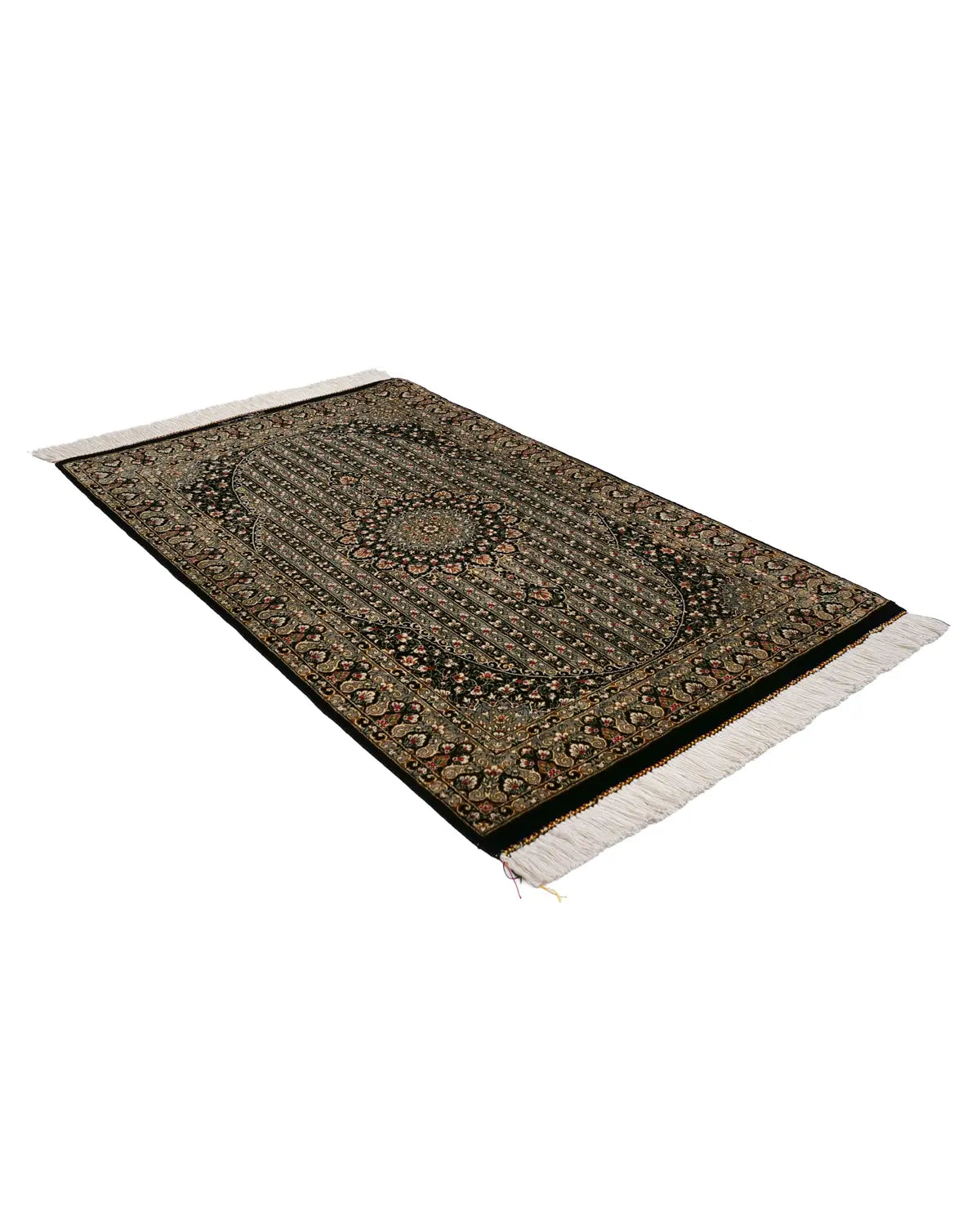 クム産シルクペルシャ絨毯 黒色 花形メダリオン