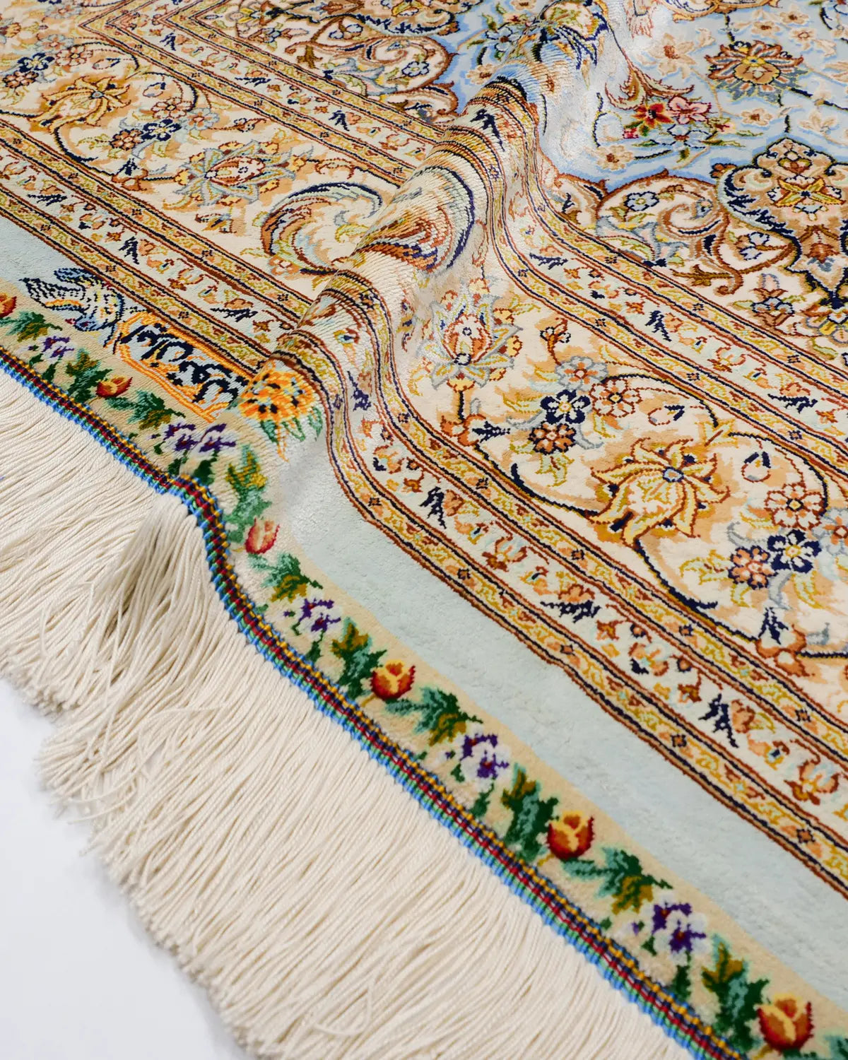 ペルシャ絨毯 クム産 カリミ工房 シルク 80×132cm 青 玄関マット