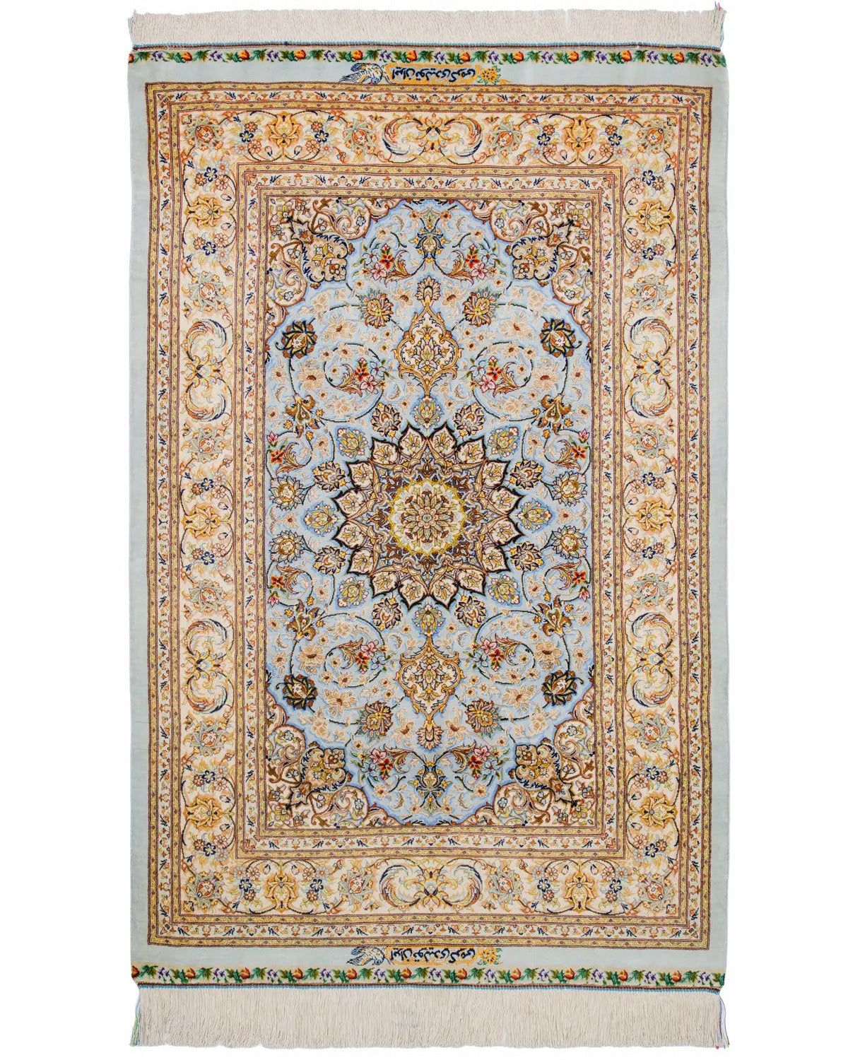 ペルシャ絨毯 クム産 本物手織り 新品 素材天然シルク113cm×83cm ペルシャ絨毯 クム産 シルク エラミ工房 約80cm x 120cm｜SATHI RUGS