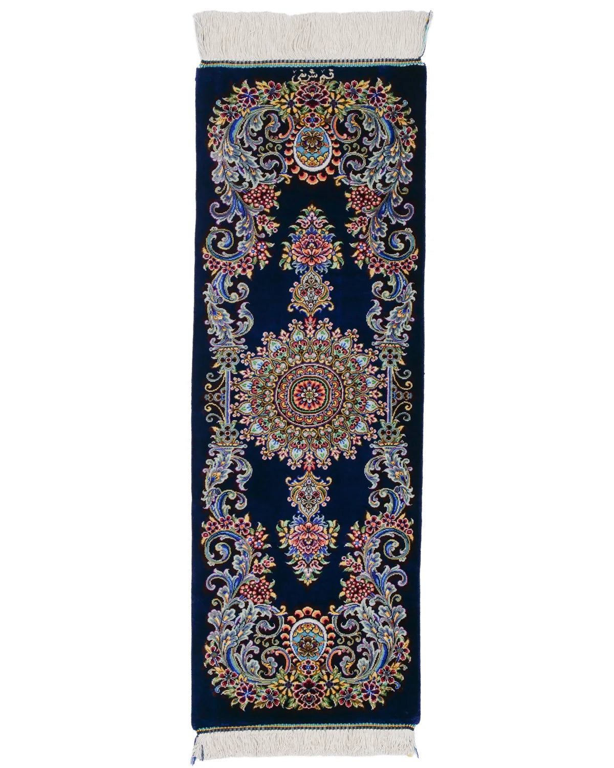 ペルシャ絨毯 クム産 シャリフ工房 シルク 39×88cm 青 ランナー 廊下 ペルシャ絨毯 クム産 シャリフ工房 シルク 39×88cm 青 ランナー 廊下