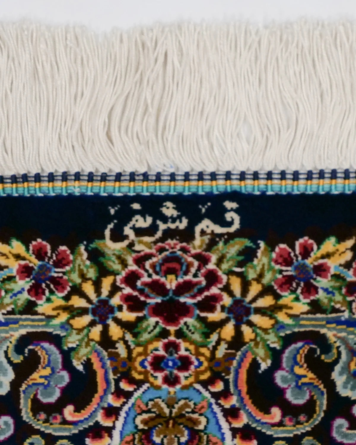 ペルシャ絨毯 クム産 シャリフ工房 シルク 39×88cm 青 ランナー 廊下