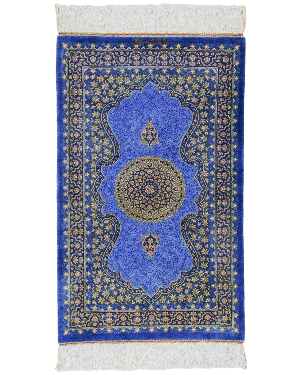 ペルシャ絨毯 クム産 パルサ工房 シルク 50×80cm 青 玄関マット 手織り