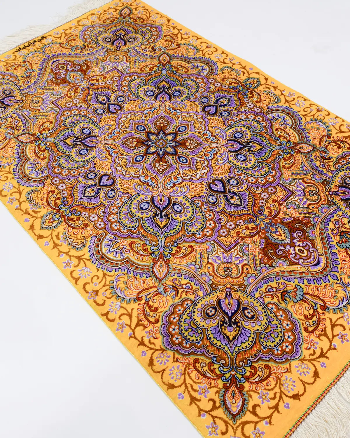 ペルシャ絨毯 クム産 ネギン工房 シルク 57×90cm 黄 玄関マット 手織り ペルシャ絨毯 クム産 ネギン工房 シルク 57×90cm 黄 玄関マット 手織り