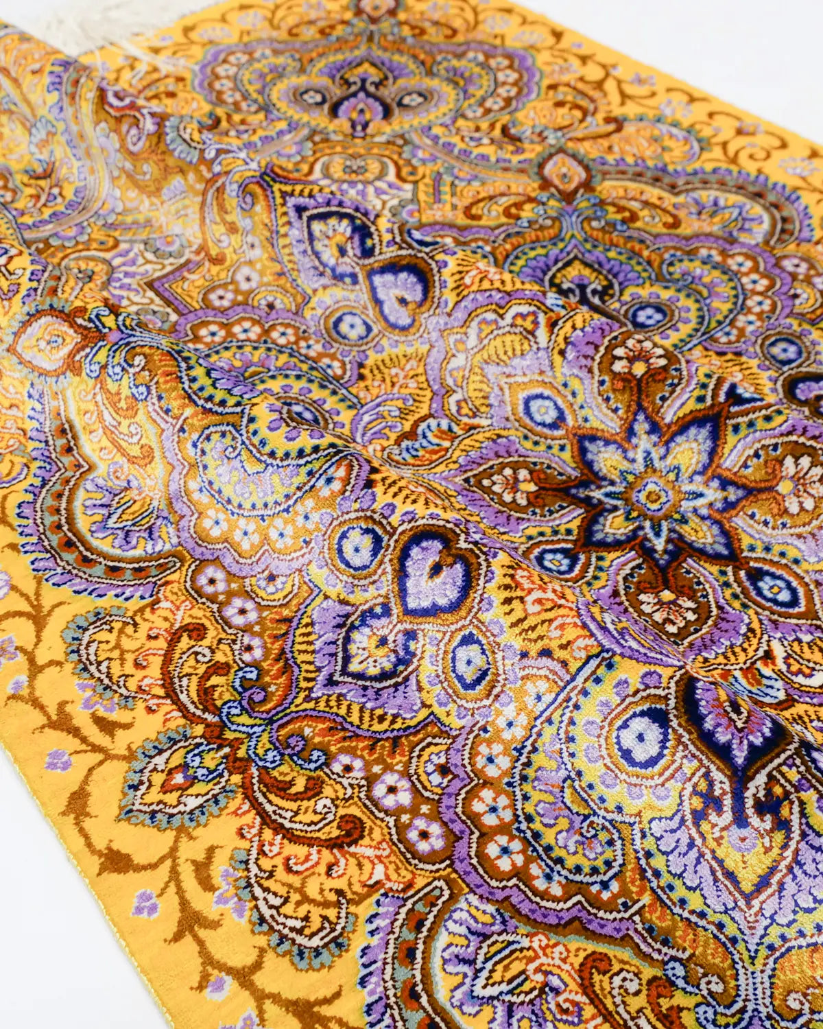 ペルシャ絨毯 クム産 ネギン工房 シルク 57×90cm 黄 玄関マット 手織り