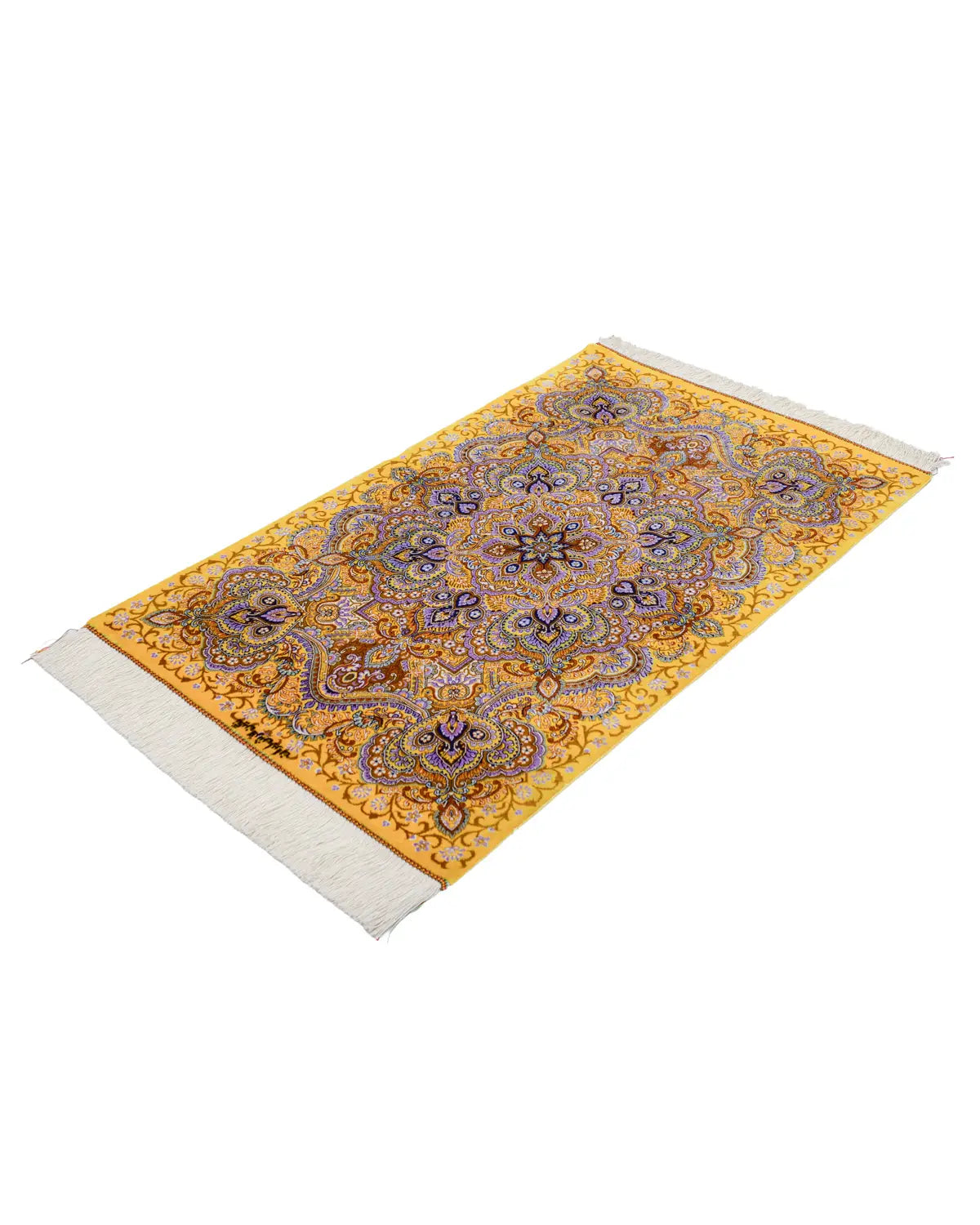 クム産シルク手織りペルシャ絨毯 ネギン工房 黄色花柄 90×57cm 全体図