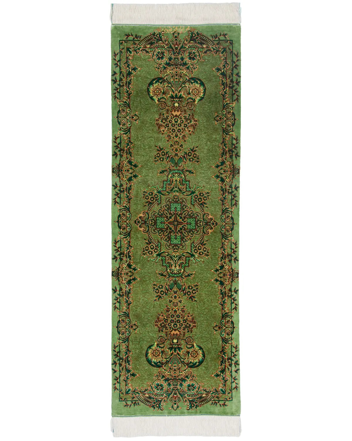 ペルシャ絨毯 クム産 ガヨミ工房 シルク 42×142cm 緑 ランナー 廊下