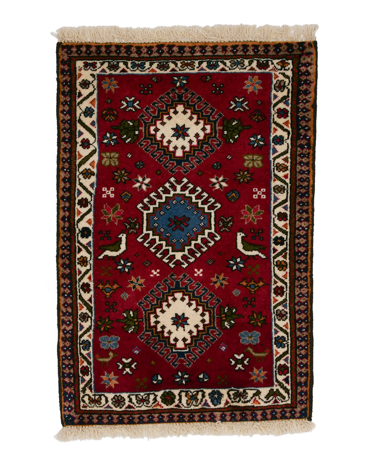 ペルシャ絨毯 ヤラメ ウール 60×87cm 赤 鳥 玄関マット 手織り｜SATHI RUGS