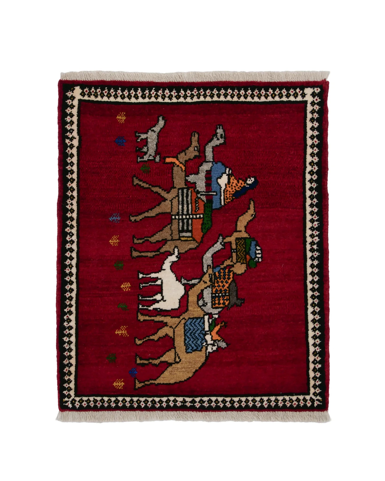 ペルシャ絨毯 シーラーズ産 カシュガイ族手織り ウール 77×88cm 赤 ラクダ キャラバン トライバル 玄関マット 壁掛け ラグ 