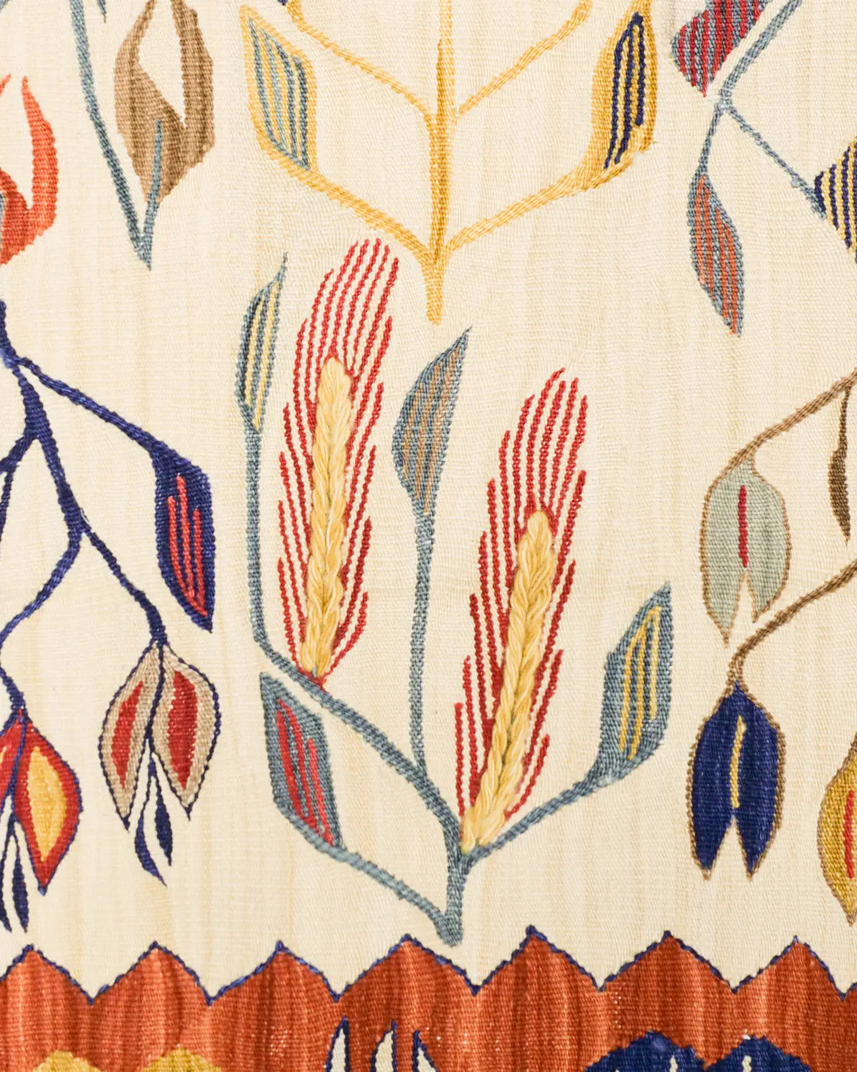 トルコ製キリム 花柄の朱色ボーダーラグ