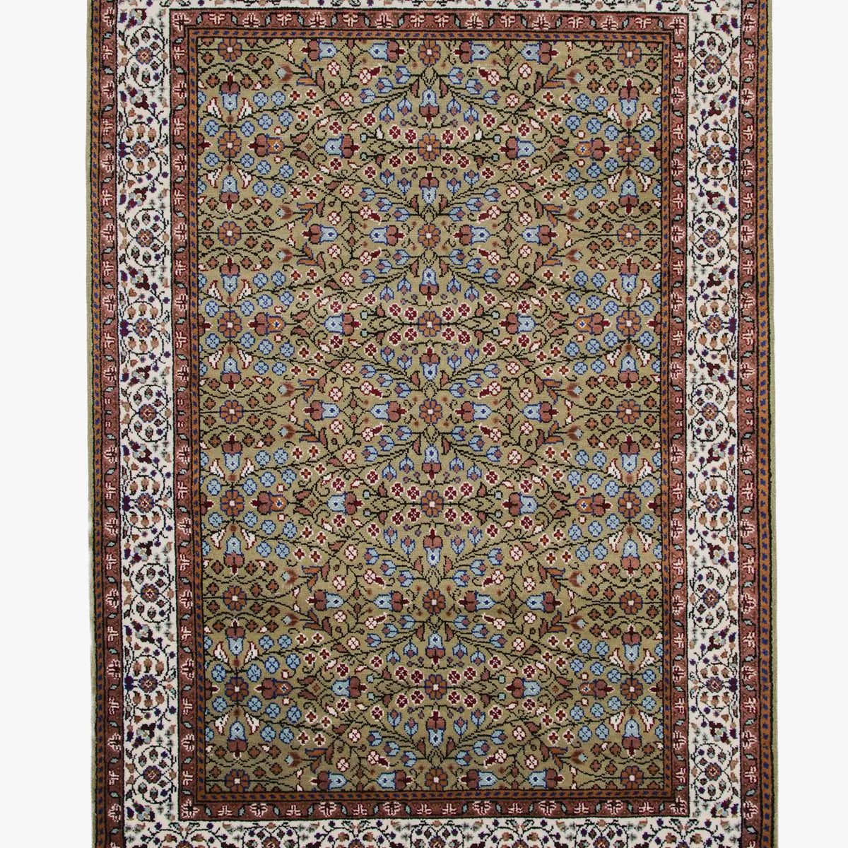 カイセリ産 手織りトルコ絨毯 ウール 約150×218cm モスグリーン 花模様 クラシックデザイン