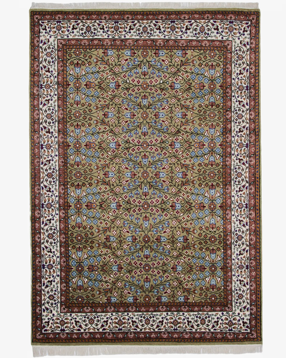 カイセリ産 手織りトルコ絨毯 ウール 約150×218cm モスグリーン 花模様 クラシックデザイン