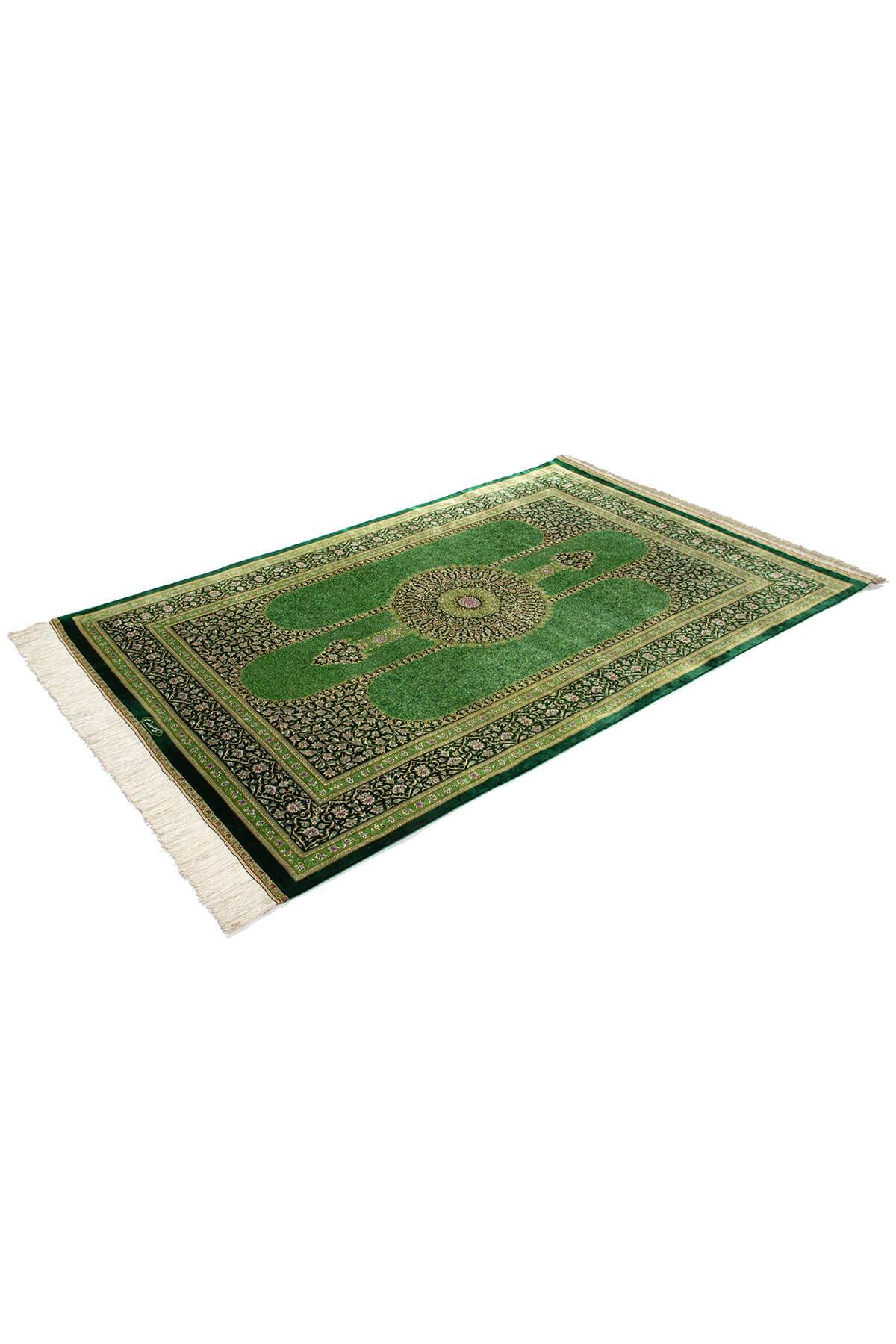 ペルシャ絨毯 クム産 マスミ工房 シルク 約125cm x 198cm 緑 グリーン