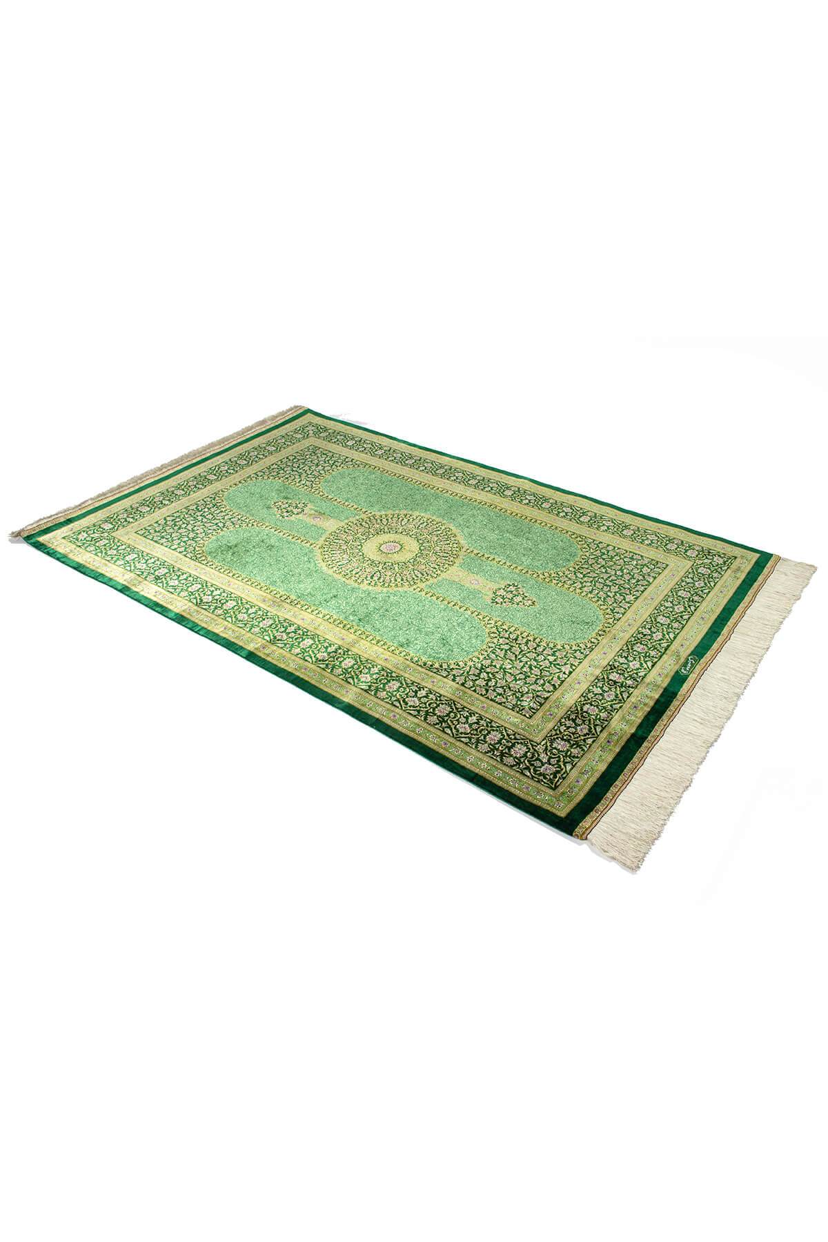 ペルシャ絨毯 クム産 マスミ工房 シルク 約125cm x 198cm 緑 グリーン
