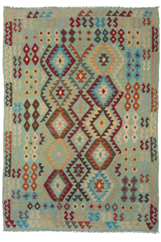 豊かな歴史を感じるアフガニスタン手織りキリム。ウール素材で約177cm x 256cmのサイズ。