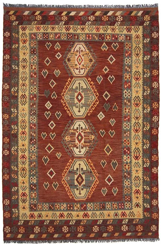 アフガニスタン製の手織りキリム、大胆なカラーリングと幾何学的な模様が特徴