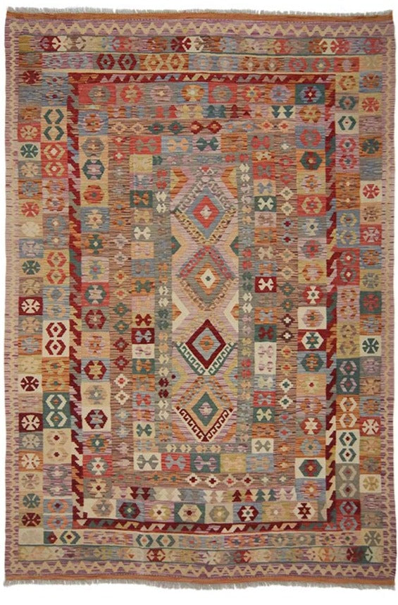 アフガニスタン産のキリム絨毯。パープルとベージュのボーダー柄、幾何学模様の手織りデザイン。