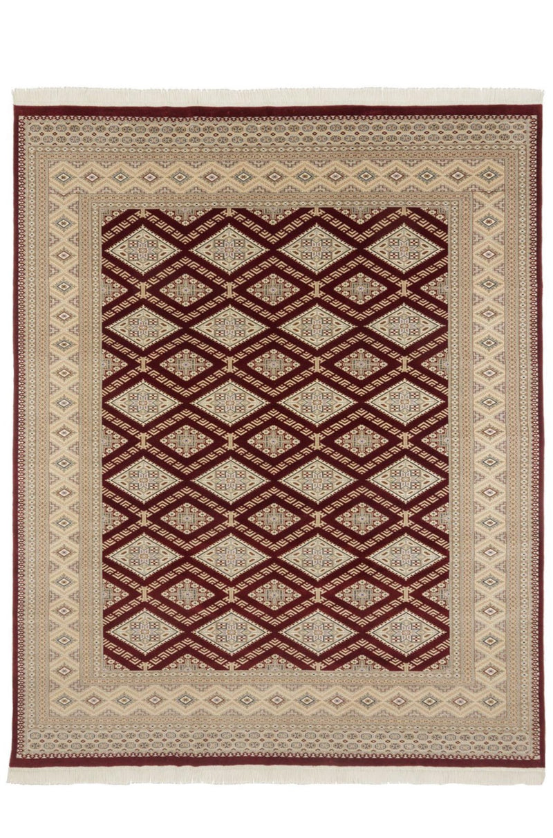 手織りの絨毯：パキスタン産、深い赤色ベース、緻密な織りの美しい模様、サイズ：206cm x 258cm、ウール製、商品番号：32710