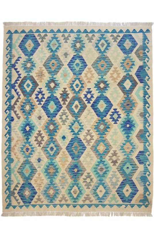カラフルな幾何学模様があしらわれたアフガニスタンの手織りキリム