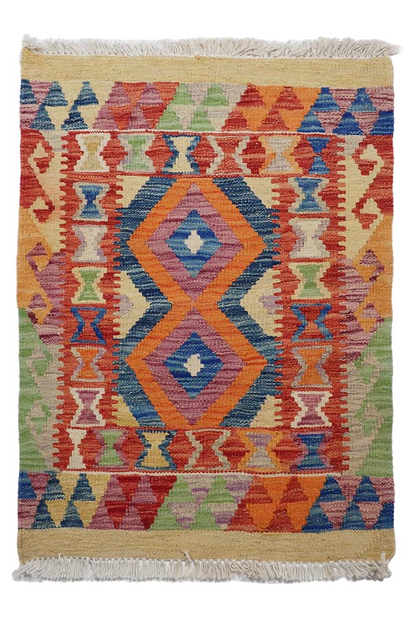 アフガニスタン産手織りキリム、大胆なカラーと幾何学模様、サイズ約61cm x 78cm