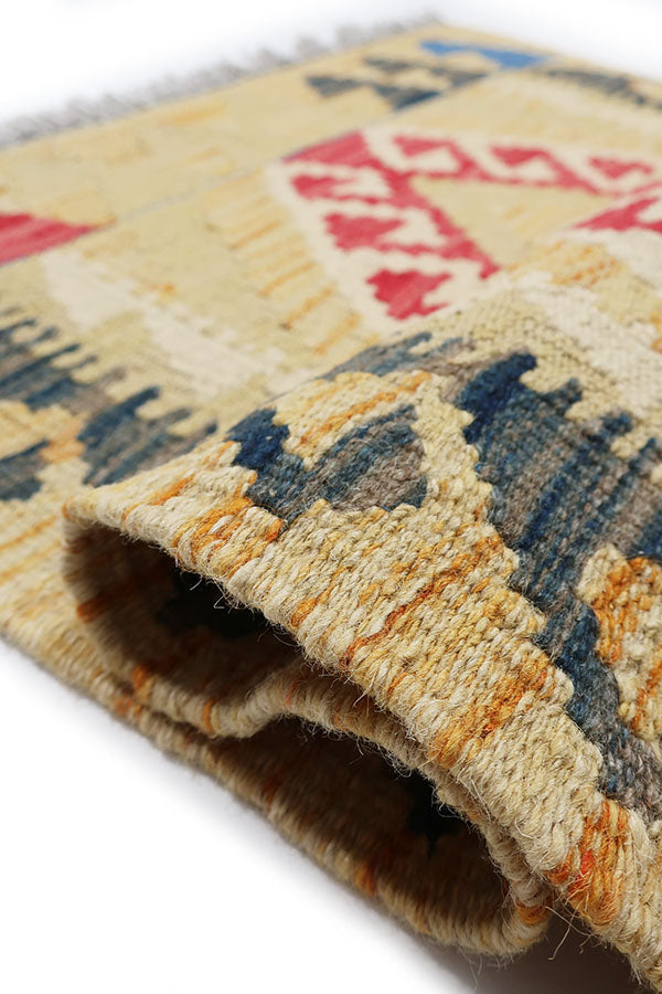 アフガニスタン産手織りキリム、大胆なカラーと幾何学模様、サイズ約62cm x 88cm